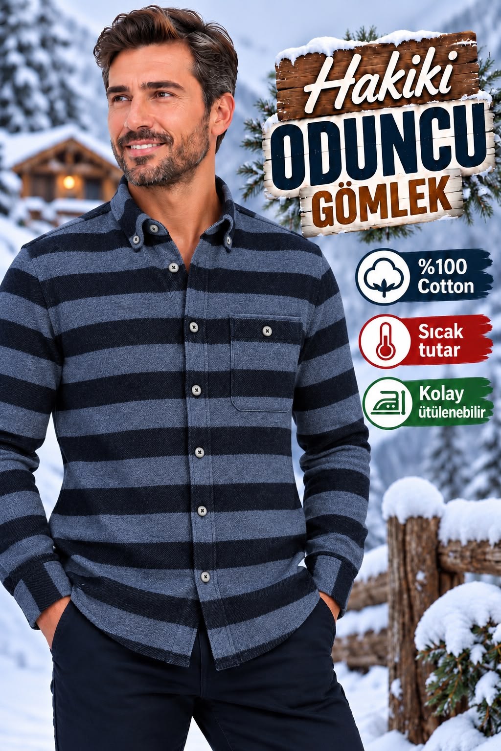 Kışlık Lacivert Pamuklu Kapaklı Cepli Düğmeli Yaka Hakiki Oduncu Gömlek (Regular Kalıp)