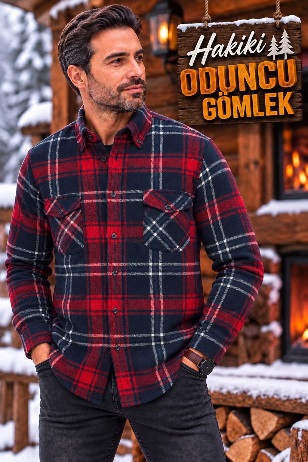 Kışlık Pamuklu Kapaklı Cepli Düğmeli Yaka Hakiki Oduncu Gömlek (Regular Kalıp)