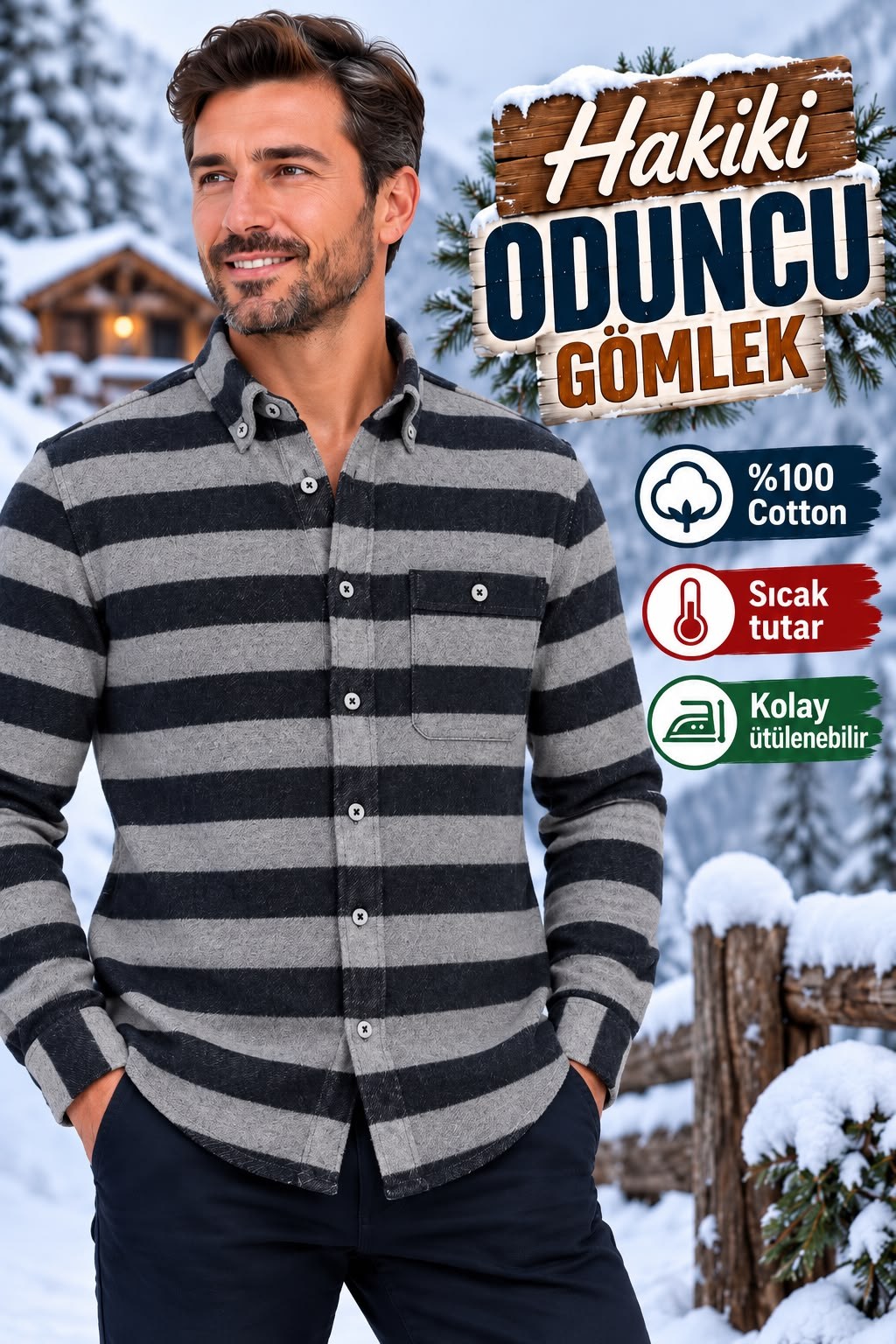Kışlık Pamuklu Kapaklı Cepli Düğmeli Yaka Hakiki Oduncu Gömlek (Regular Kalıp)