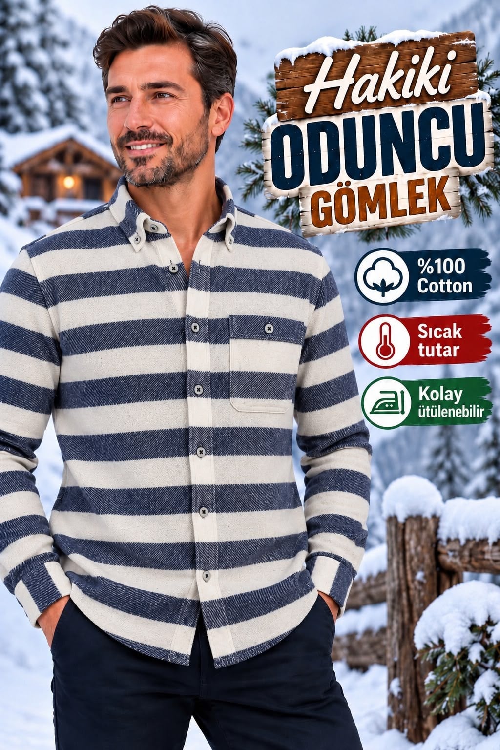 Kışlık Pamuklu Kapaklı Cepli Düğmeli Yaka Hakiki Oduncu Gömlek (Regular Kalıp)
