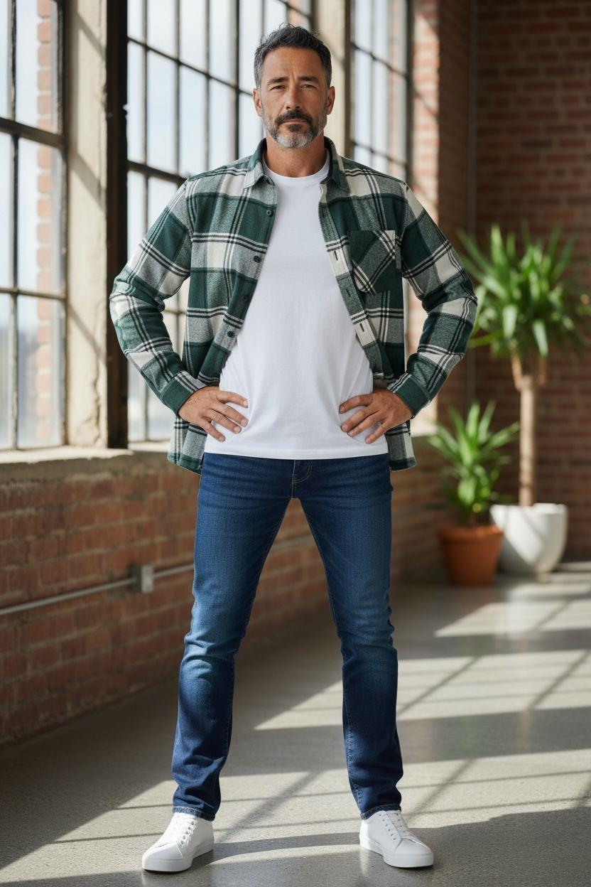 Kışlık Pamuklu Yeşil Uzun Kollu Cepli Erkek Oduncu Gömlek (Slim Fit)