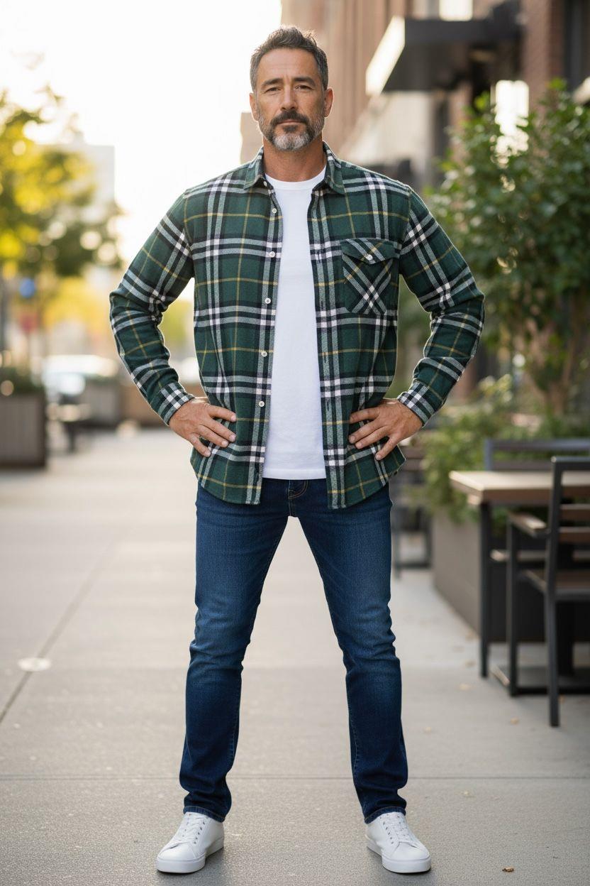 Kışlık Pamuklu Yeşil Uzun Kollu Cepli Erkek Oduncu Gömlek (Slim Fit)