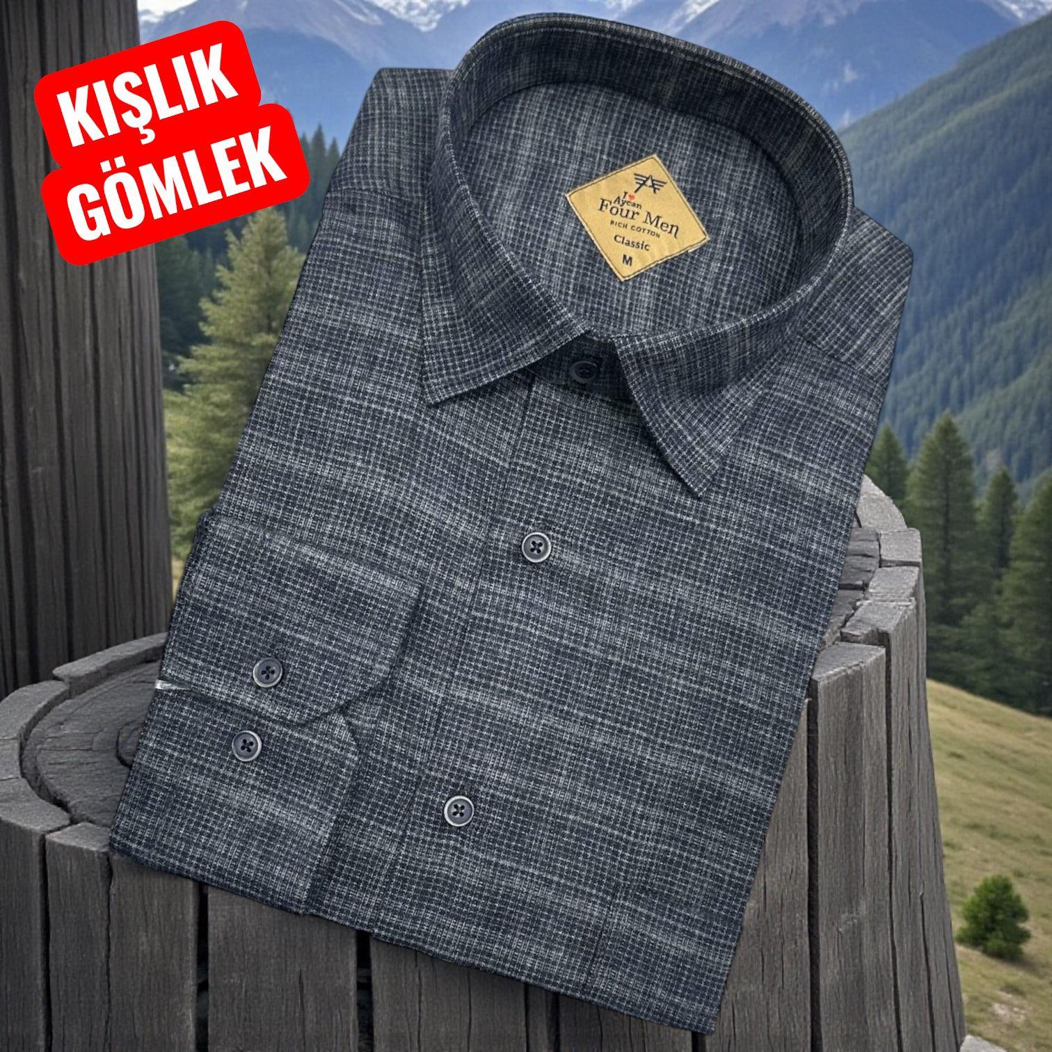 Klasik %100 Cotton Uzun Kollu Yakası gizli düğmeli Kışlık Flanel Gömlek (Regular Kalıp)