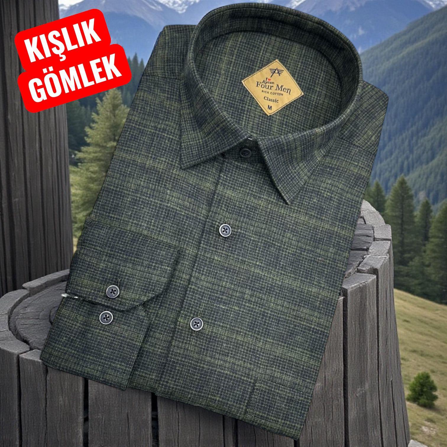 Klasik %100 Cotton Uzun Kollu Yakası gizli düğmeli Kışlık Flanel Gömlek (Regular Kalıp)