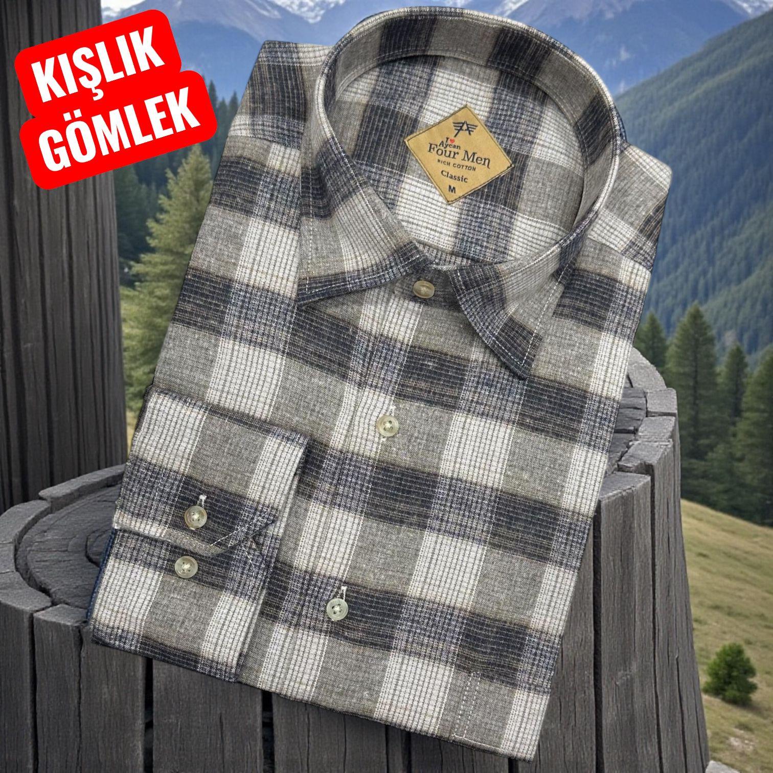 Klasik %100 Cotton Uzun Kollu Yakası gizli düğmeli Kışlık Flanel Gömlek (Regular Kalıp)