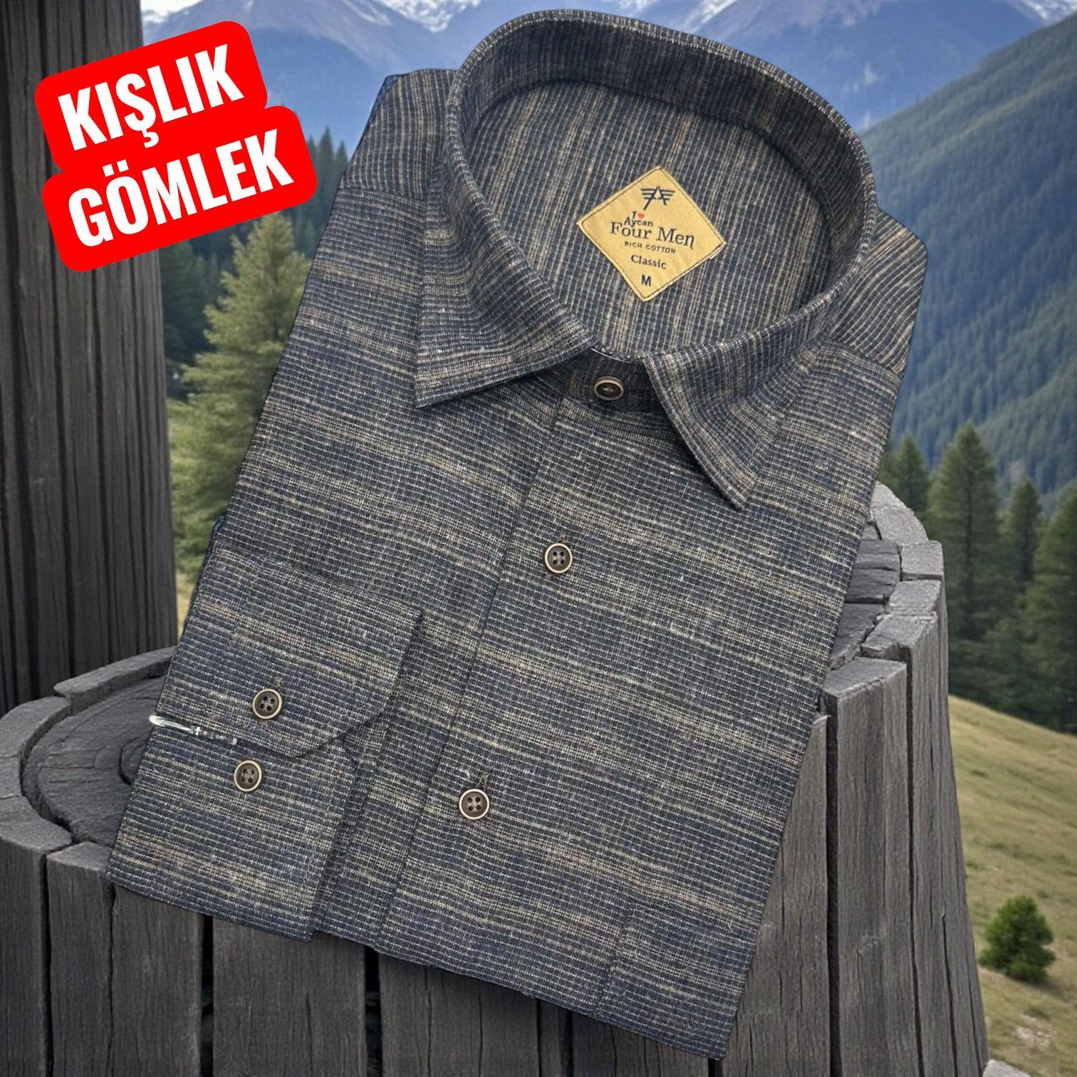 Klasik %100 Cotton Uzun Kollu Yakası gizli düğmeli Kışlık Flanel Gömlek (Regular Kalıp)