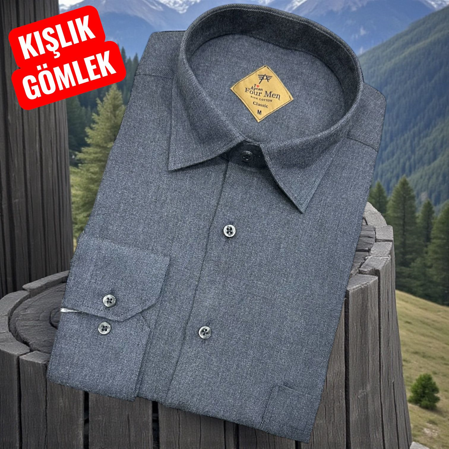 Klasik %100 Cotton Uzun Kollu Yakası Gizli Düğmeli Kışlık Flanel Gömlek (Regular Kalıp)