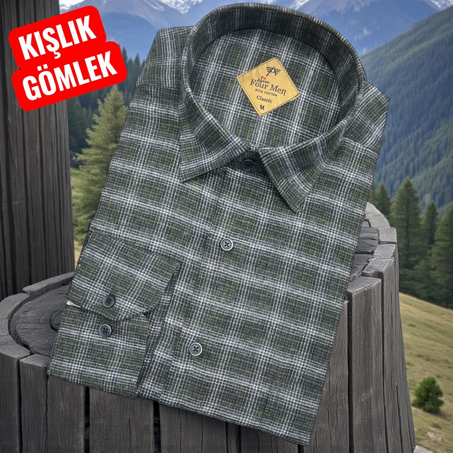 Klasik %100 Cotton Uzun Kollu Yakası gizli düğmeli Kışlık Flanel Gömlek (Regular Kalıp)