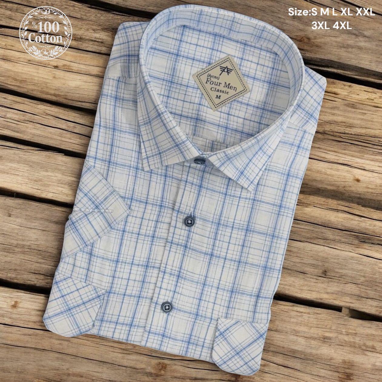 Linen Keten Klasik %100 Cotton Kısa Kollu Terletmeyen İki Cepli Kapaklı Mavi Gömlek (Regular Kalıp)