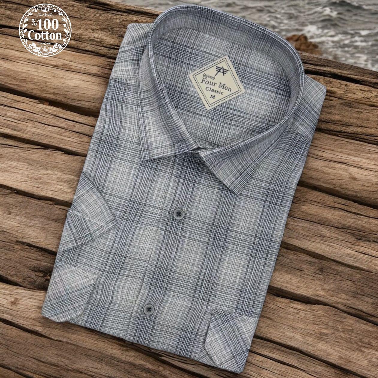 Linen Keten Klasik %100 Cotton Kısa Kollu Terletmeyen İki Cepli Kapaklı Gri Gömlek (Regular Kalıp)