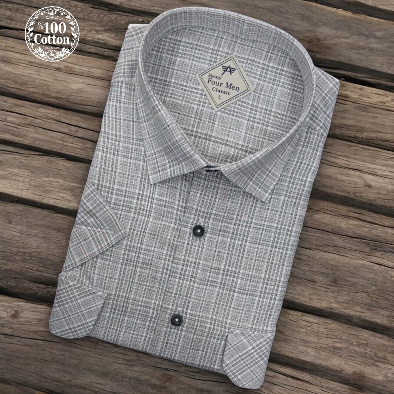 Linen Keten Klasik %100 Cotton Kısa Kollu Terletmeyen İki Cepli Kapaklı Gri Gömlek (Regular Kalıp)