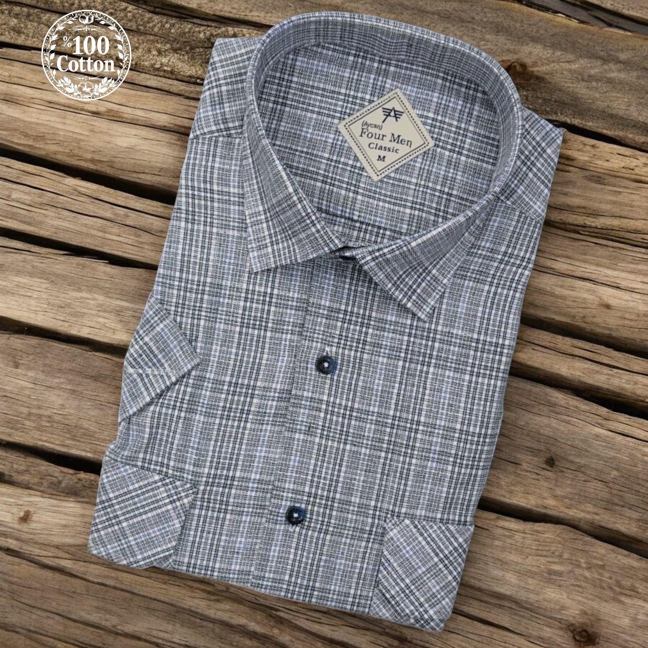 Linen Keten Klasik %100 Cotton Kısa Kollu Terletmeyen İki Cepli Kapaklı Gri Gömlek (Regular Kalıp)