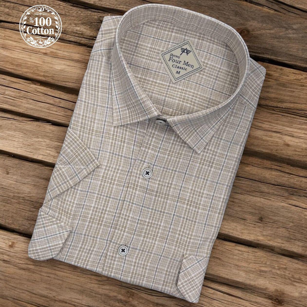 Linen Keten Klasik %100 Cotton Kısa Kollu Terletmeyen İki Cepli Kapaklı Camel Gömlek (Regular Kalıp)