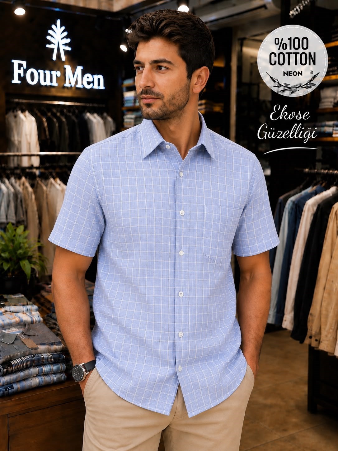 Linen Keten Klasik %100 Cotton  Kısa Kollu Ekose Pamuklu Tek Cepli Terletmeyen Gömlek 