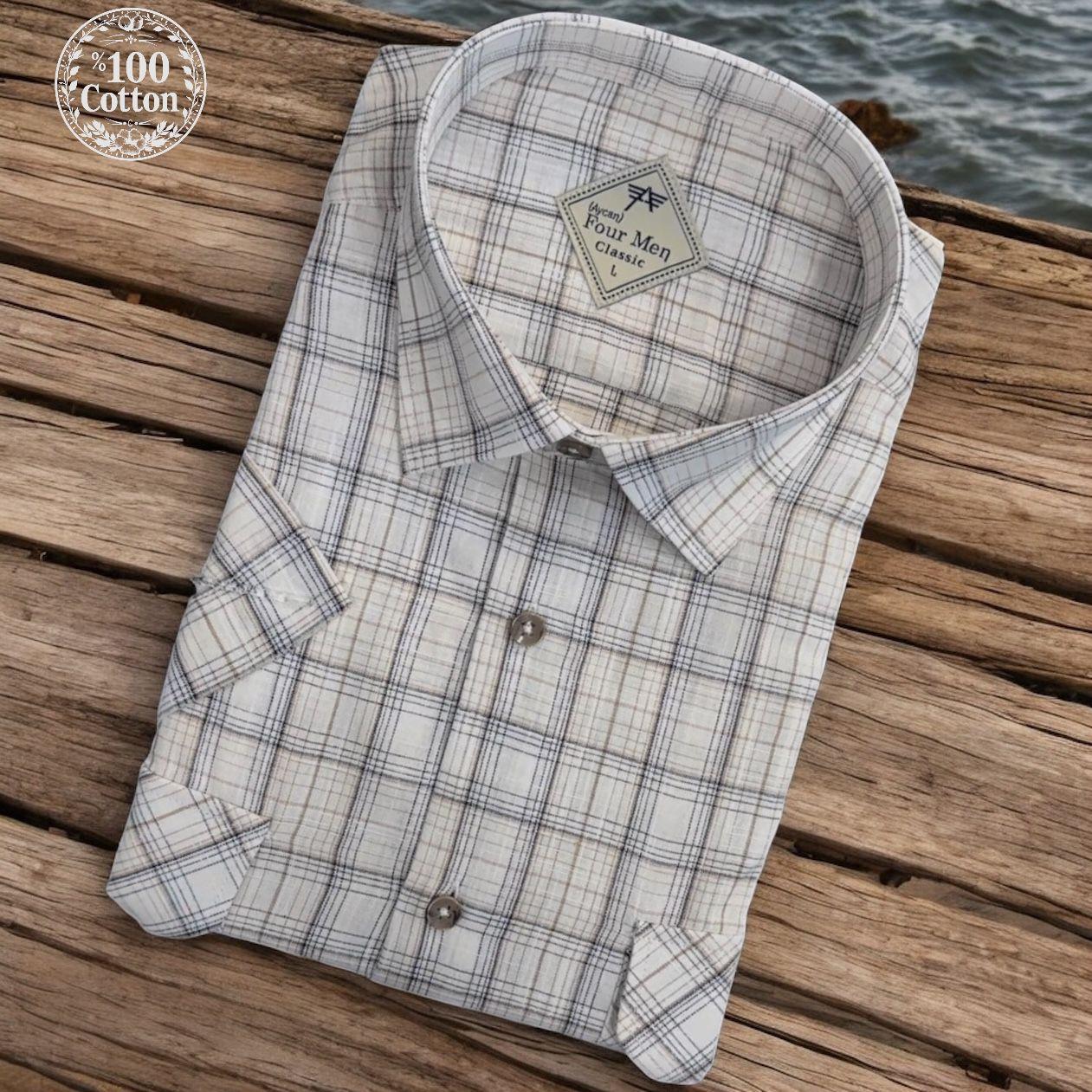 Linen Keten Klasik %100 Cotton Kısa Kollu Terletmeyen İki Cepli Kapaklı Beyaz Gömlek (Regular Kalıp)