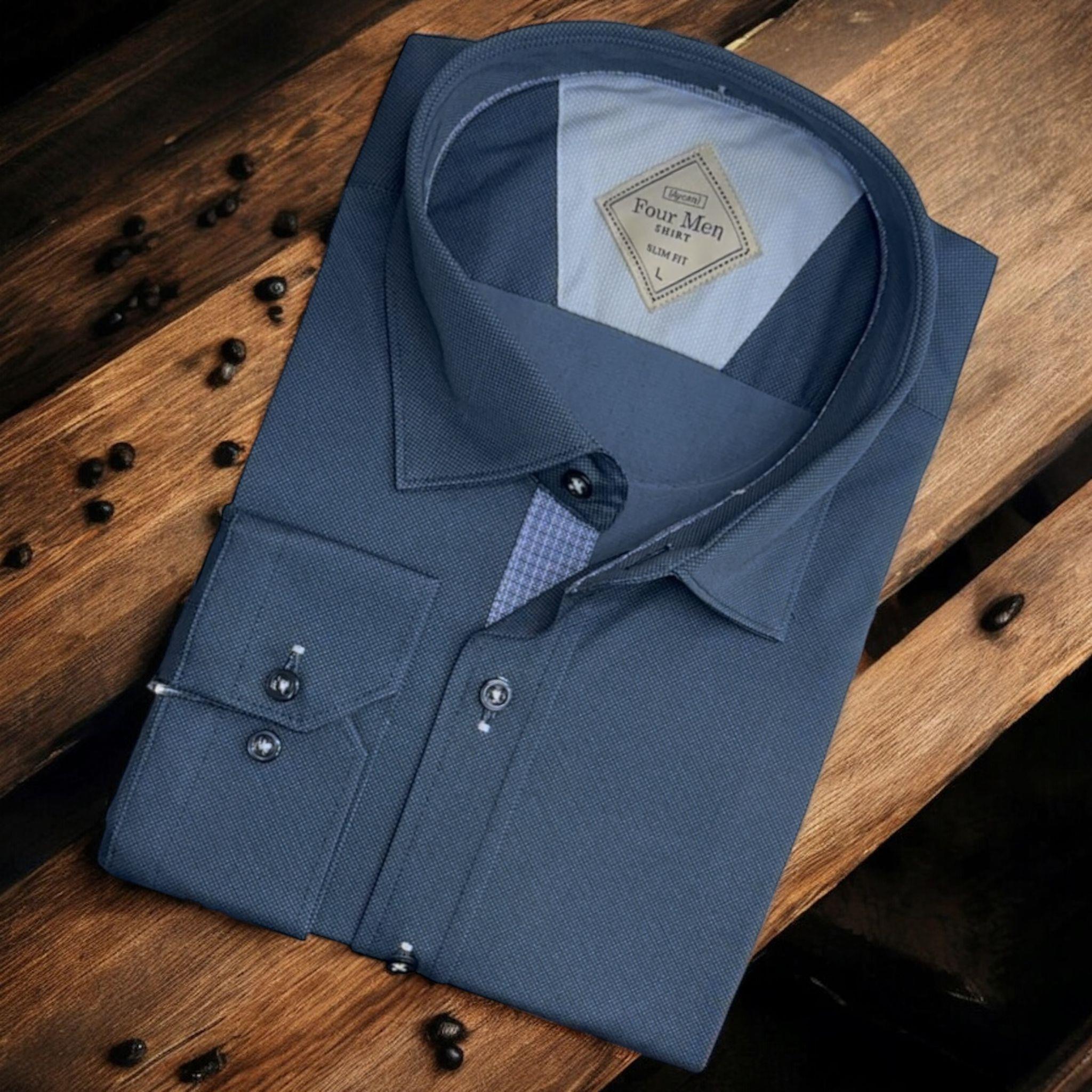 Linen Keten Klasik %100 Cotton Uzun Kollu Slim-Fit  Terletmeyen Tek Cepli Kapaklı Mavi Gömlek (Regular Kalıp)