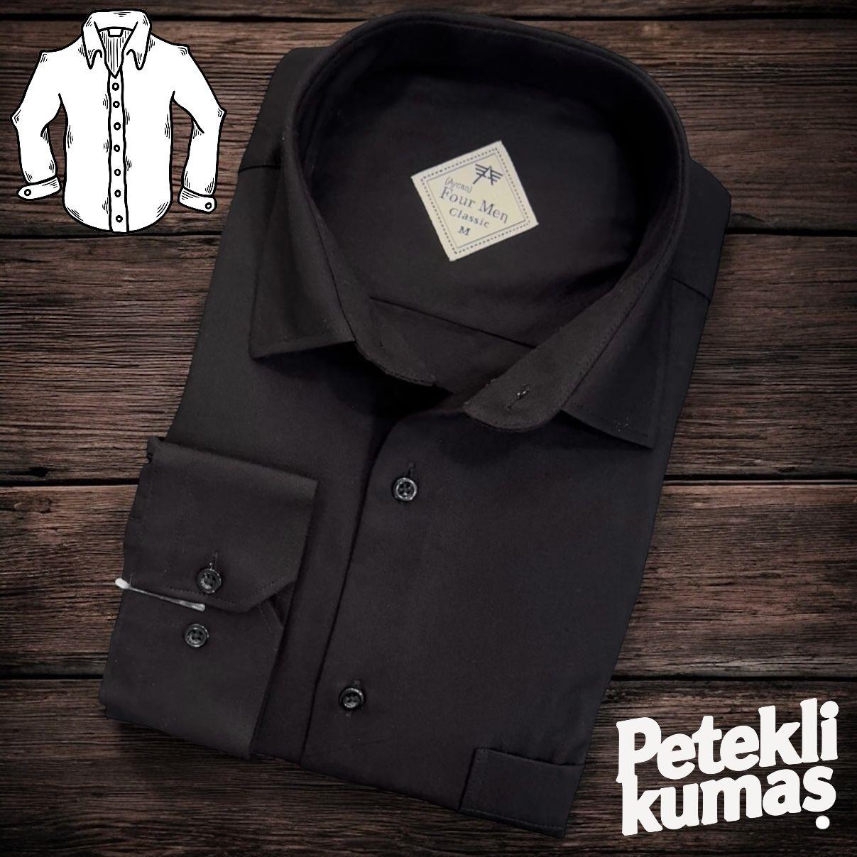 Linen Keten Klasik %100 Cotton Uzun Kollu Terletmeyen Tek Cepli Kapaklı Siyah Gömlek (Regular Kalıp)