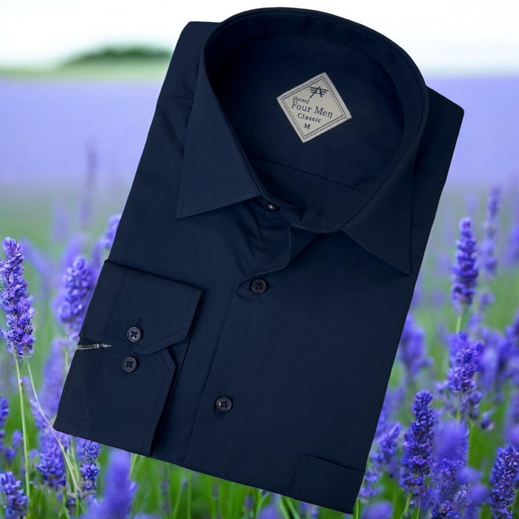 Linen Keten Klasik %100 Cotton Uzun Kollu Terletmeyen Hakim Yaka Lacivert Gömlek (Regular Kalıp)
