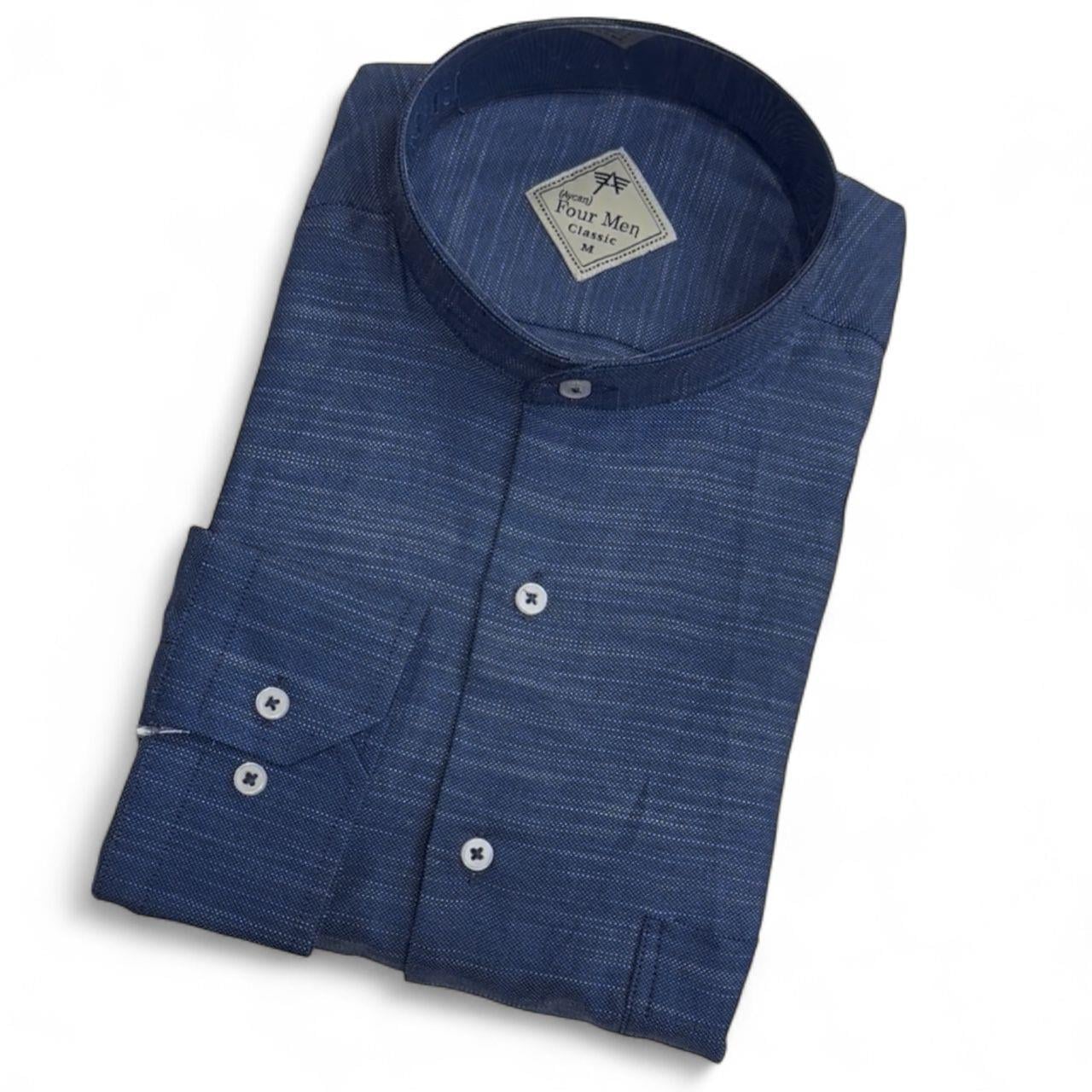 Linen Keten Klasik %100 Cotton Uzun Kollu Terletmeyen Hakim Yaka Mavi Gömlek (Regular Kalıp)