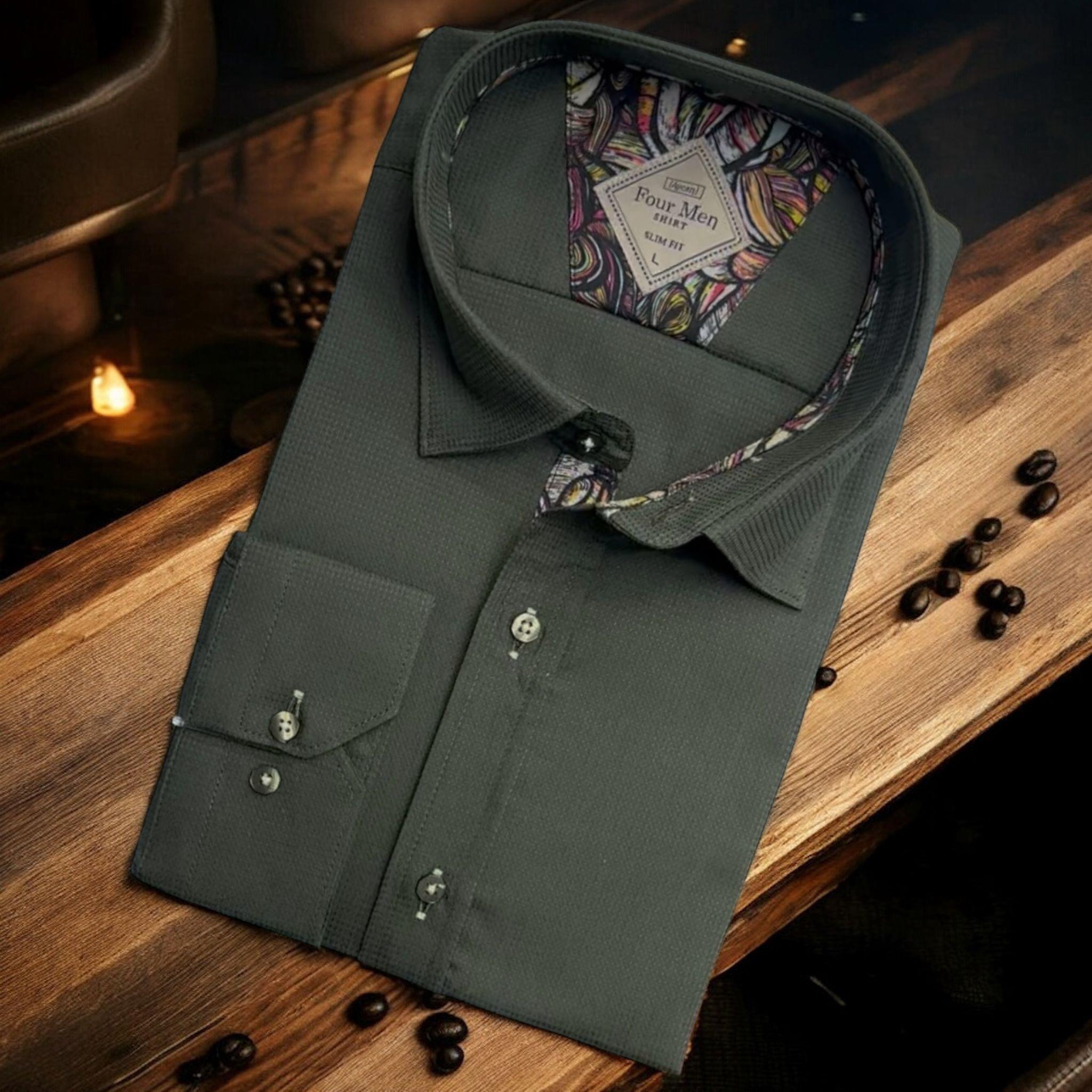 Linen Keten Klasik %100 Cotton Uzun Kollu Slim-Fit  Terletmeyen Tek Cepli Kapaklı Antrasit Gömlek (Regular Kalıp)