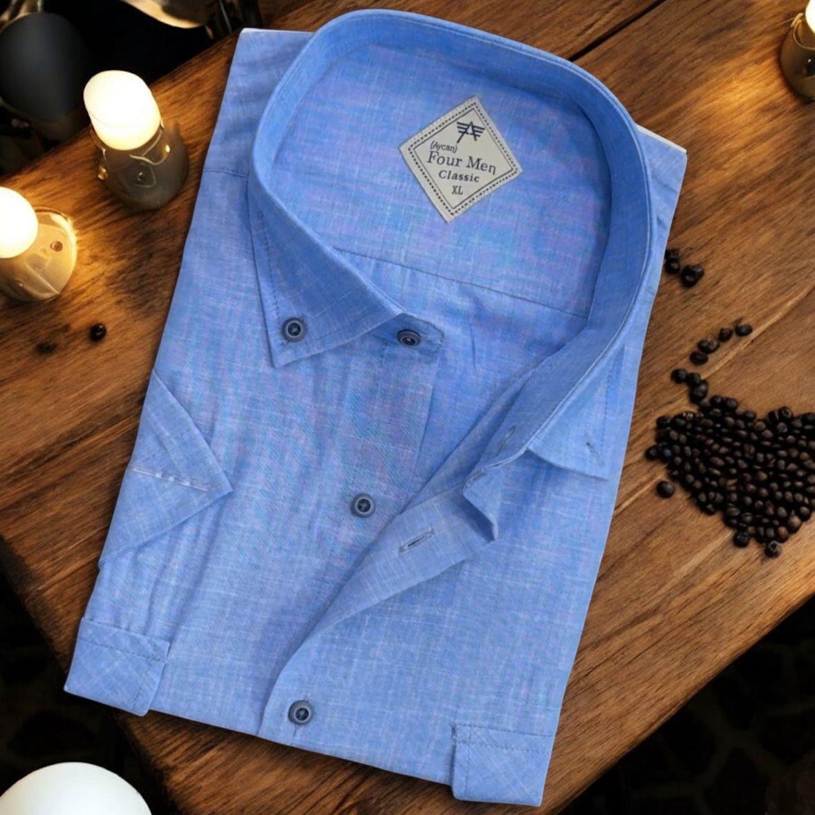 Linen Keten Klasik Kısa Kollu Çift Cepli Erkek Gömlek (Regular Kalıp)
