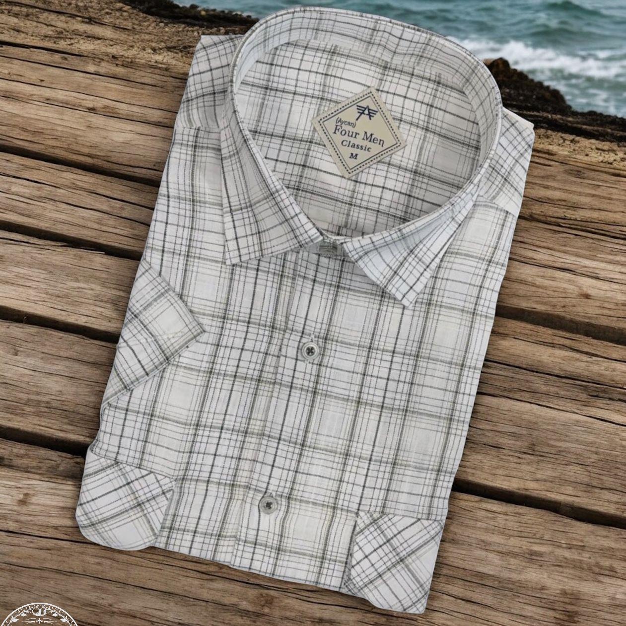 Linen Keten Klasik Kısa Kollu İki Cepli Kapaklı Beyaz Baba Gömleği (Regular Kalıp)