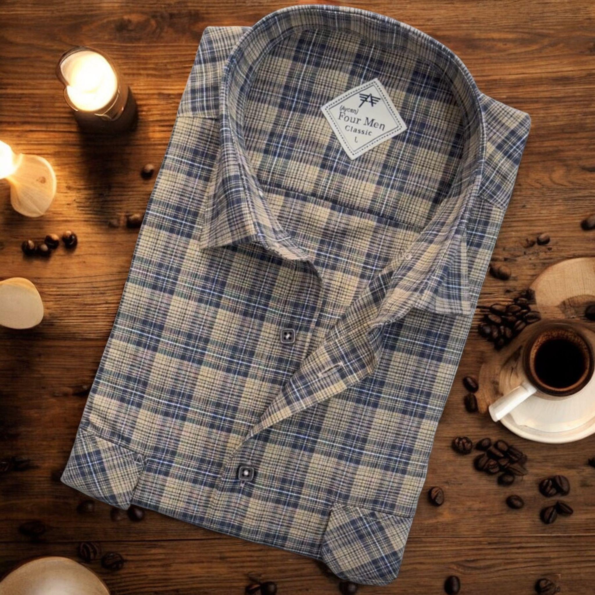 Linen Keten Klasik Kısa Kollu İki Cepli Kapaklı Camel Baba Gömleği (Regular Kalıp)