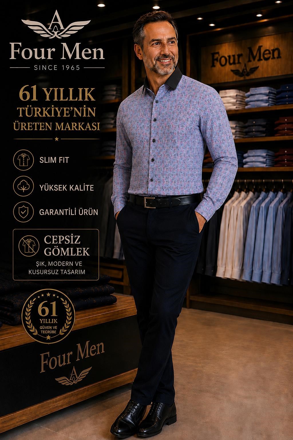 Orjinal Baskılı Pamuklu Poplin Slim Fit Kalıp Uzun Kollu Cepsiz Erkek Gömlek 
