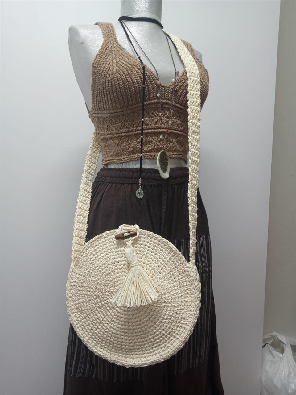 Özel Tasarım El Yapımı ,Uzun Saplı, Astarlı, Makrome Bej Omuz Çantası