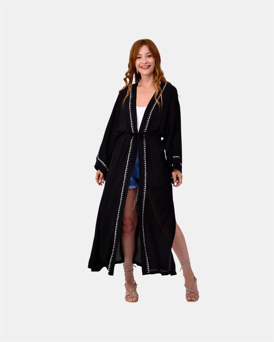 ÖZEL TASARIM SİYAH KIZILDERİLİ BASKILI BOHO KİMONO - KAFTAN