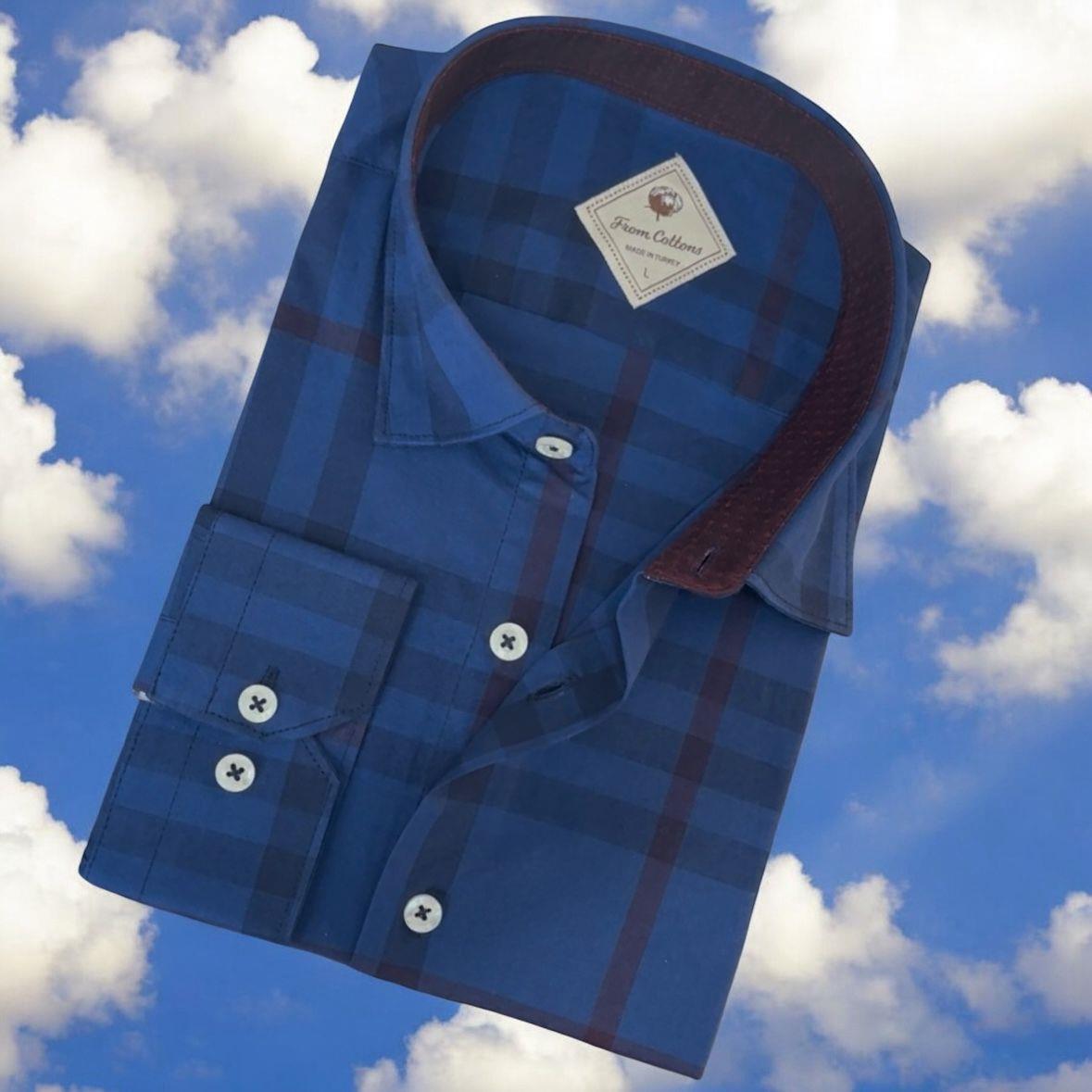 Pamuklu Uzun Kollu Mavi Çizgi Bloklu Erkek Gömlek (Slim Fit Kalıp)