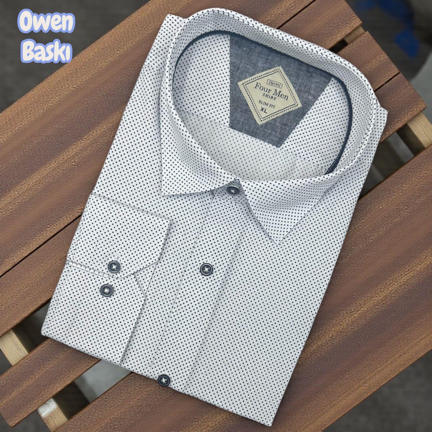 Slim Fit Cotton Uzun Kollu Yakası Gizli Düğmeli Kalite Garanti Baskılı Gömlek (Slimlı Fit)