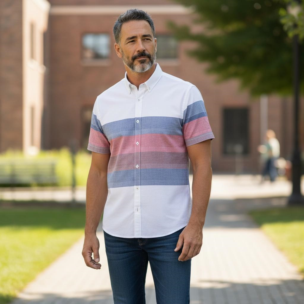 Slim Fit Pamuklu Çizgili Pano Desen Kısa Kollu Gömlek (Slim Fit Kalıp)