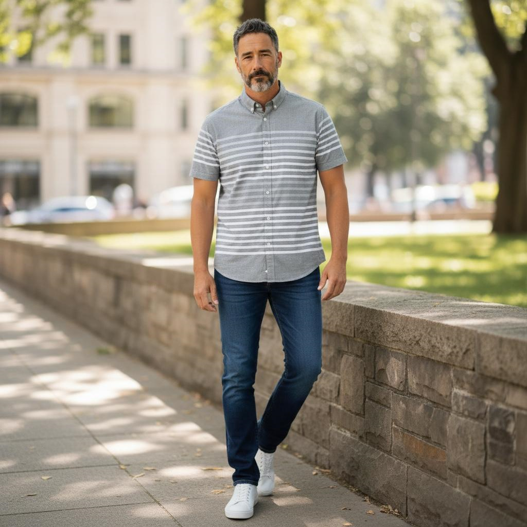 Slim Fit Pamuklu Çizgili Pano Desen Kısa Kollu Gömlek (Slim Fit Kalıp)