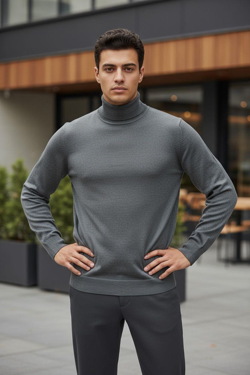 Uzun Kollu Gri Balıkçı Yaka Kazak (Unisex)