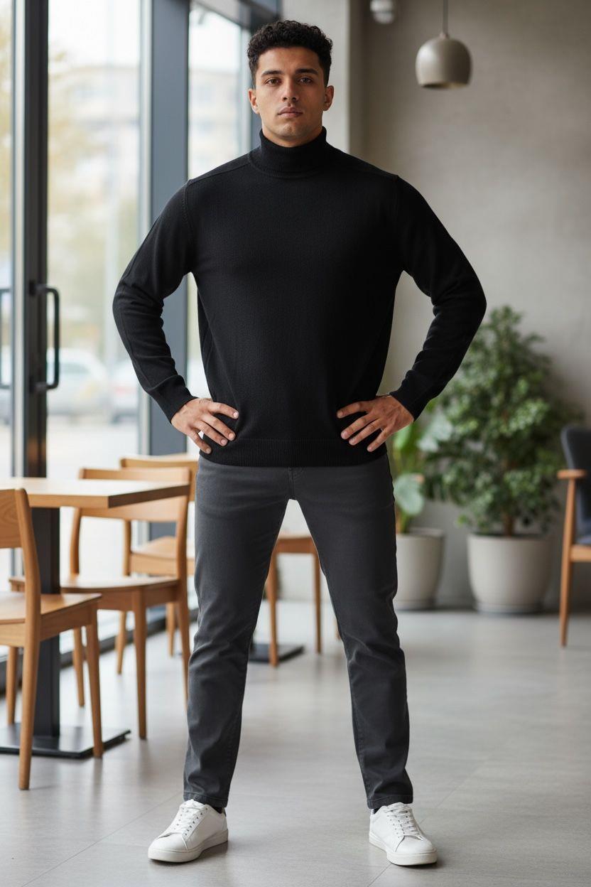 Uzun Kollu Siyah Balıkçı Yaka Kazak (Unisex)