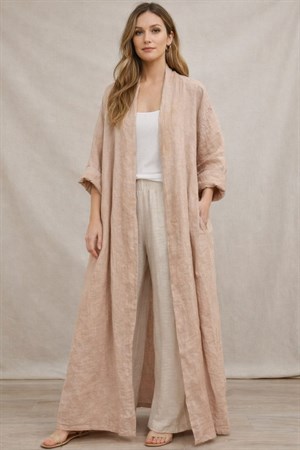 Bohomiyan  İtalyan Uzun Cepsiz Keten Kaftan & Kap (140-CM)