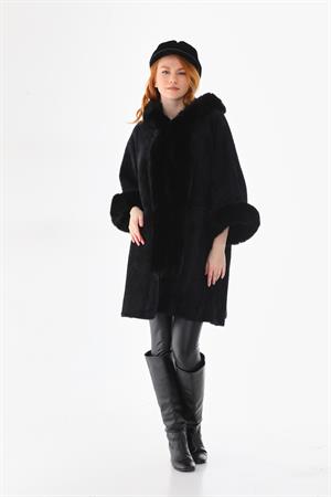İtalyan Angora Cepli Kapüşonlu Kürklü Kaban (85 CM)