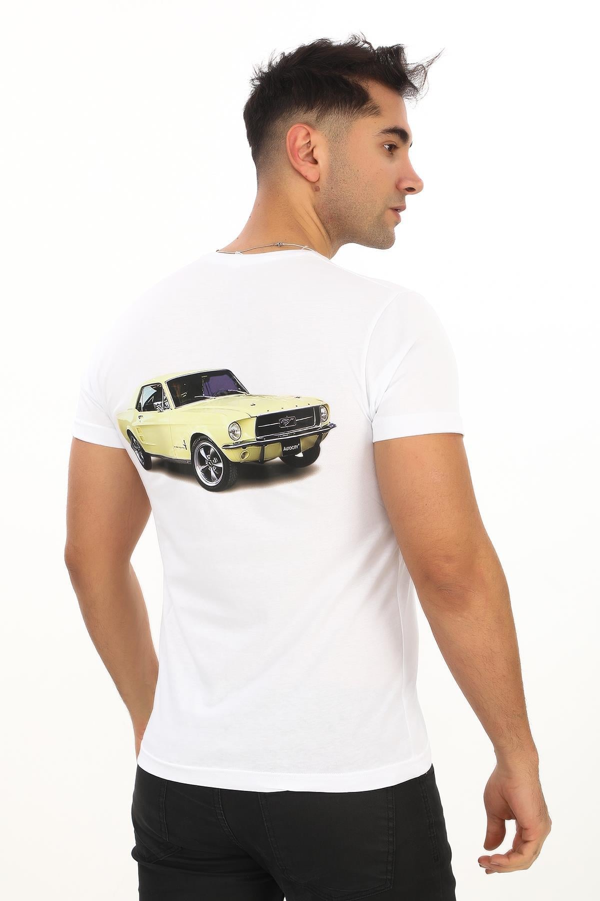 American Classic 1964 Model Ford Mustang Özel Tasarım Baskılı Beyaz T-shirt (Slim fit)