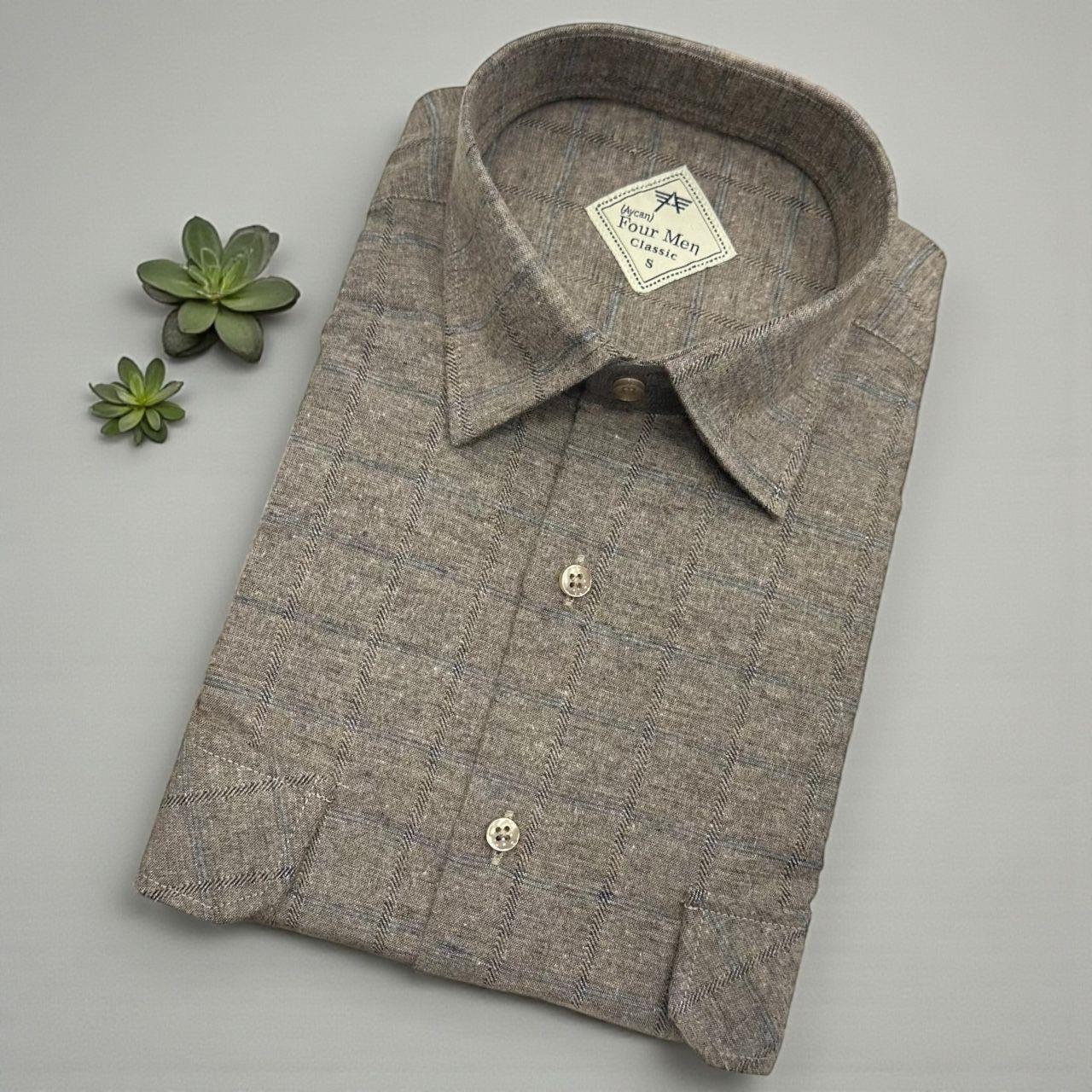 Bej Klasik %100 Cotton Uzun Kollu Terletmeyen Kışlık Flanel Terletmeyen Gömlek (Regular Kalıp)
