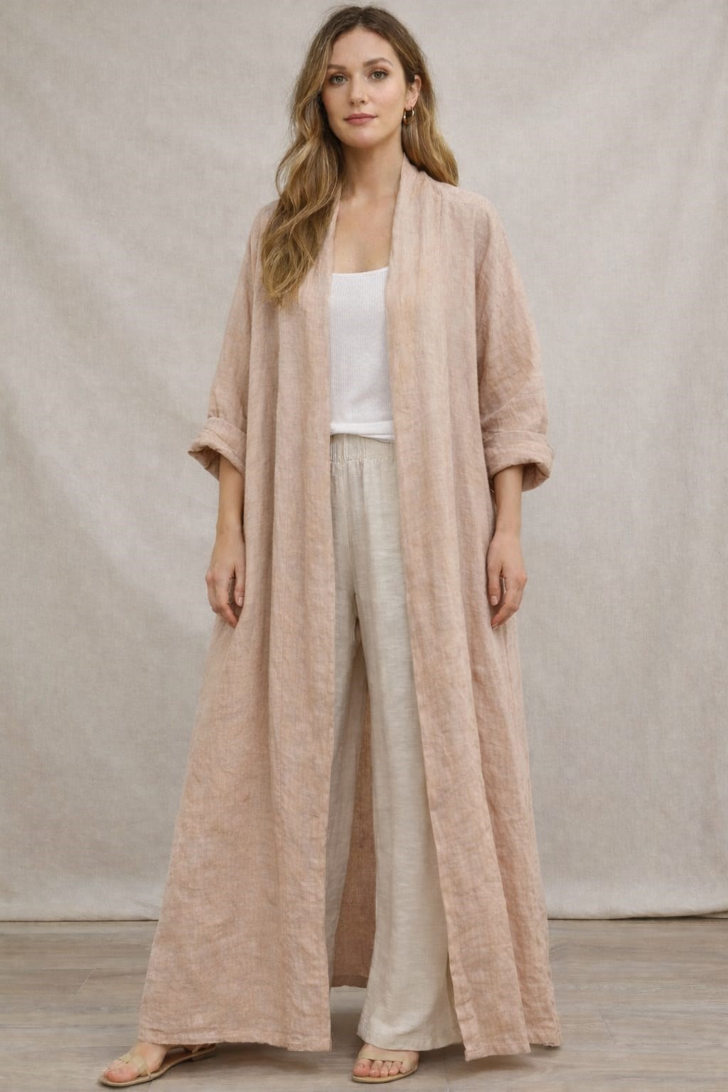 Bohomiyan  İtalyan Uzun Cepsiz Keten Kaftan & Kap (140-CM)
