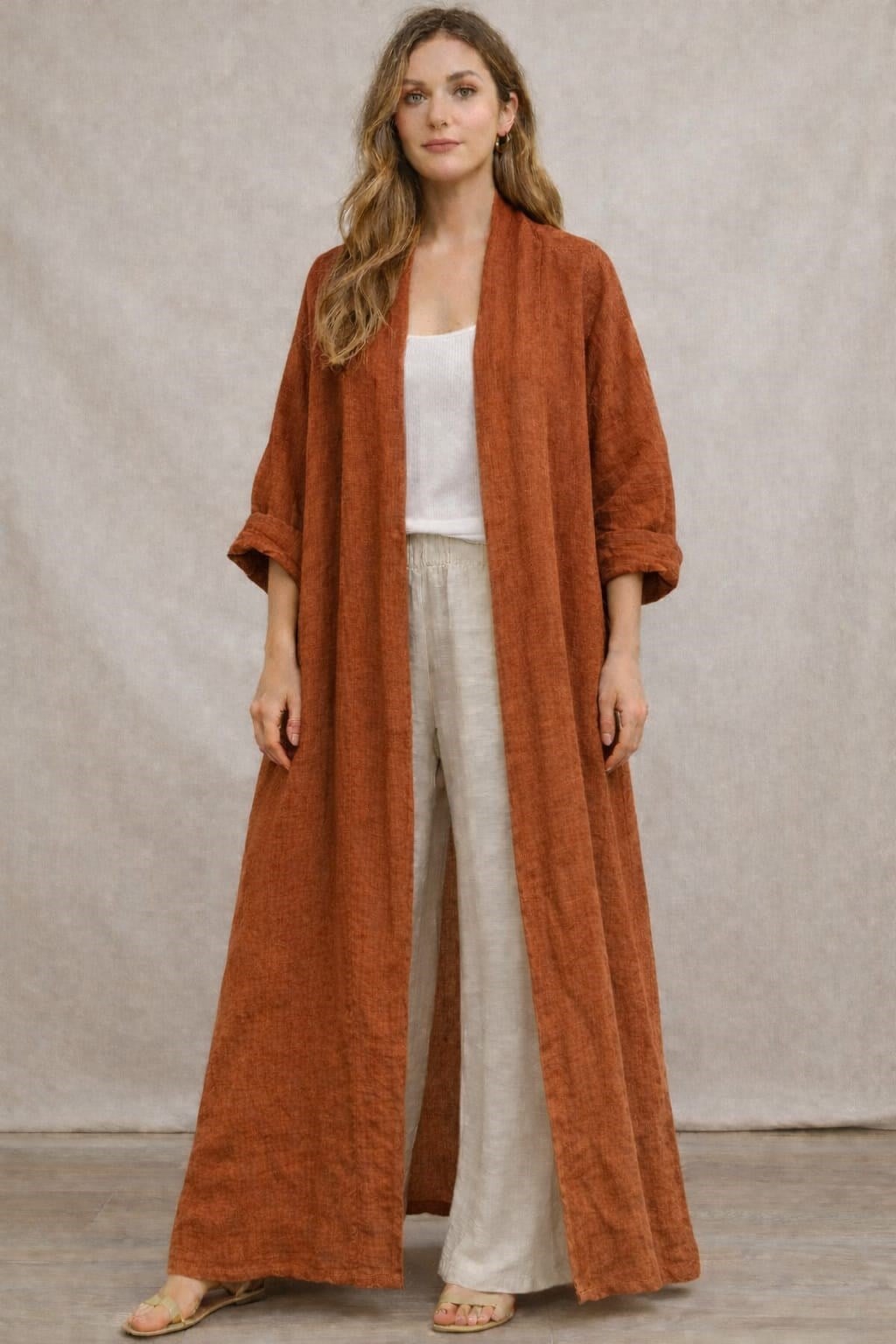 Bohomiyan  İtalyan Uzun Cepsiz Keten Kaftan & Kap (140-CM)