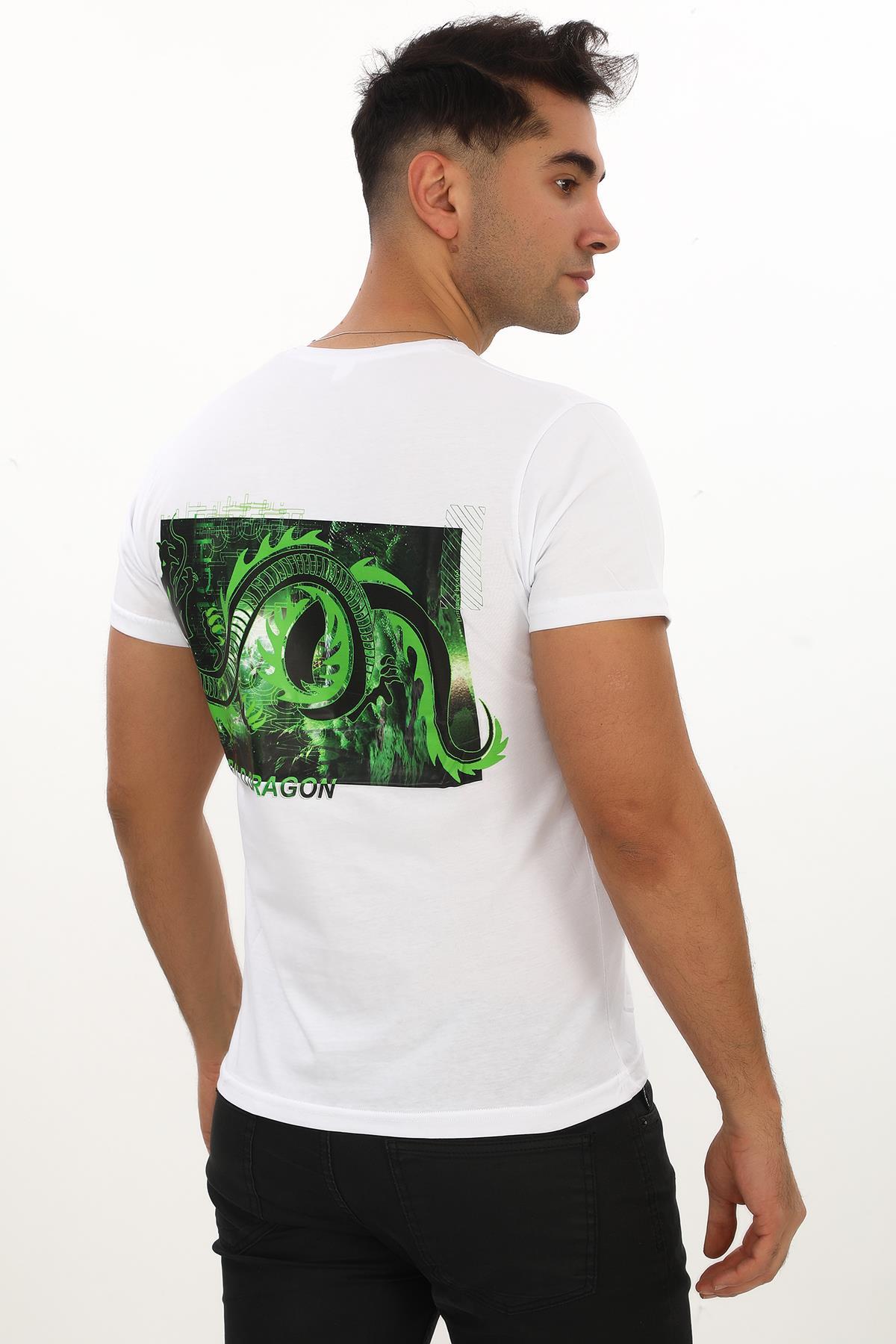 Emerald Dragon Baskılı Özel Tasarım Beyaz T-Shirt (Slim fit)