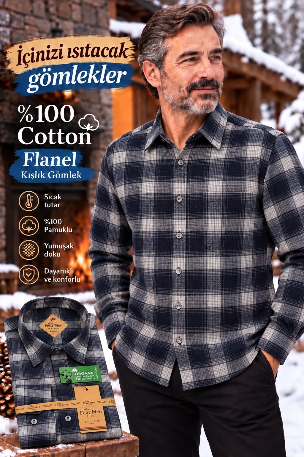 Flanel Kışlık %100 Pamuklu Kapaklı Cepli Düğmeli Yaka Gömlek (Regular Kalıp)
