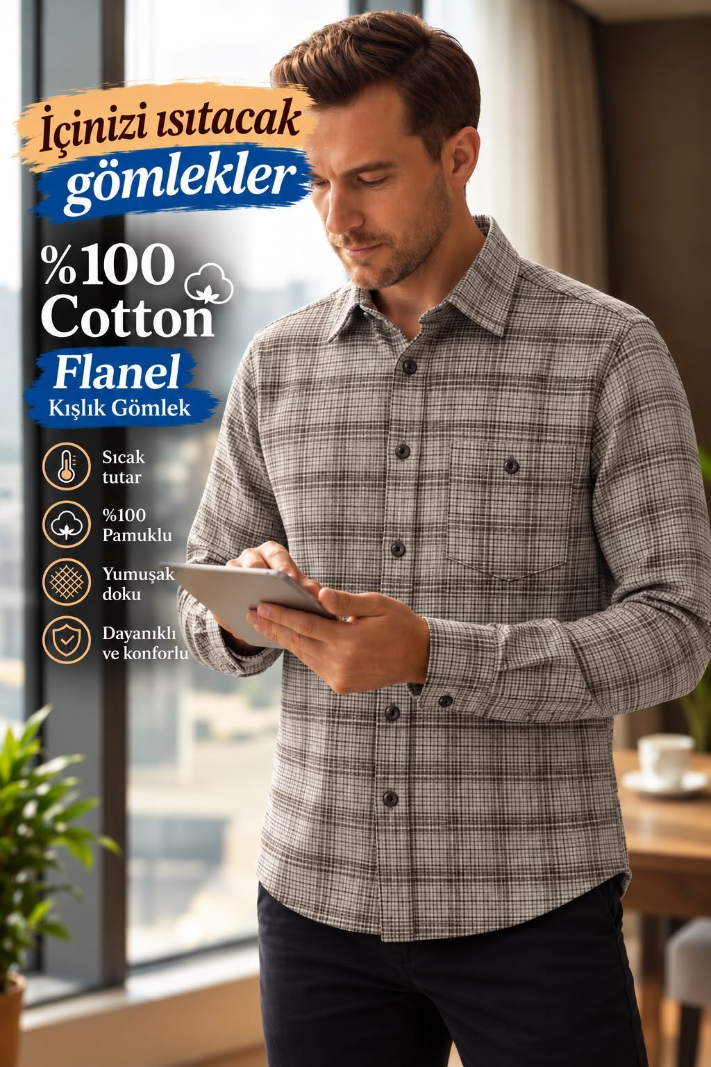Flanel Kışlık Bej Çizgili %100 Pamuklu Kapaklı Cepli Düğmeli Yaka Gömlek (Regular Kalıp)