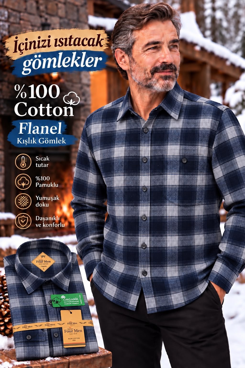 Flanel Kışlık Lacivert %100 Pamuklu Kapaklı Cepli Düğmeli Yaka Gömlek (Regular Kalıp)