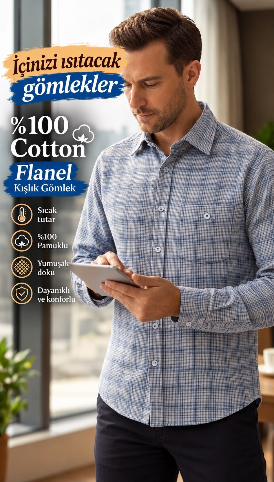 Flanel Kışlık Mavi Çizgili %100 Pamuklu Kapaklı Cepli Düğmeli Yaka Gömlek (Regular Kalıp)