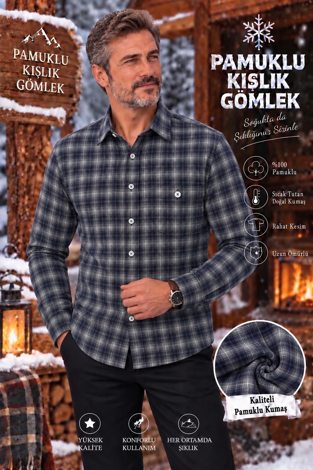 Flanel Kışlık Pamuklu Kapaklı Cepli Düğmeli Yaka Gömlek (Regular Kalıp)