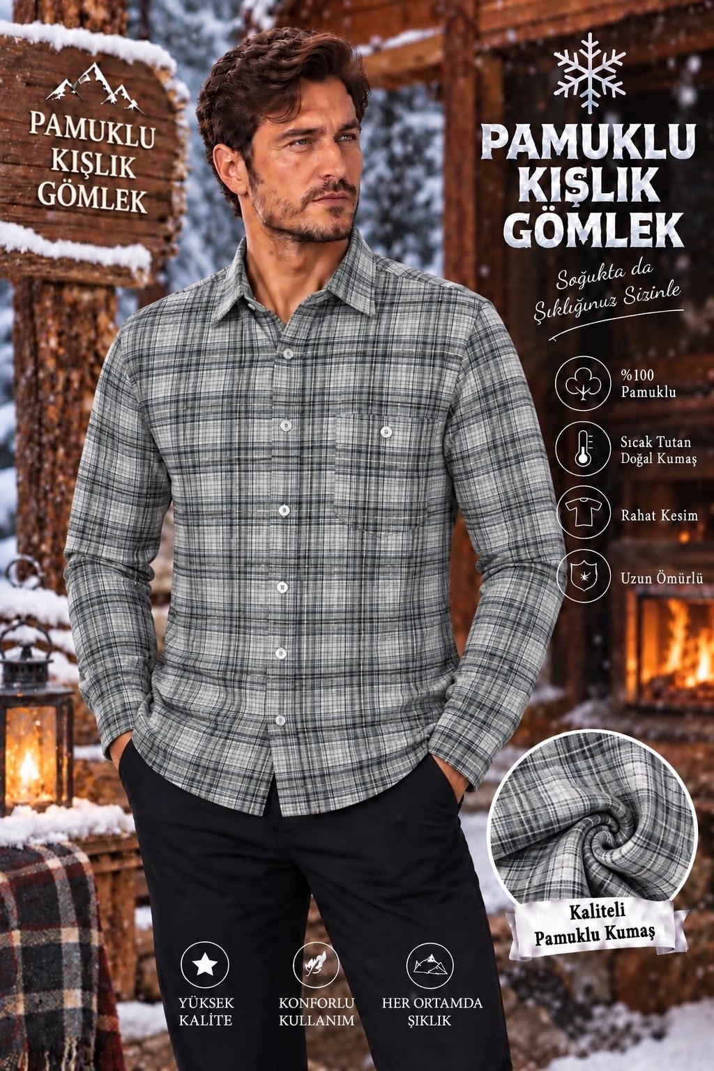 Flanel Kışlık Pamuklu Kapaklı Cepli Düğmeli Yaka Gömlek (Regular Kalıp)