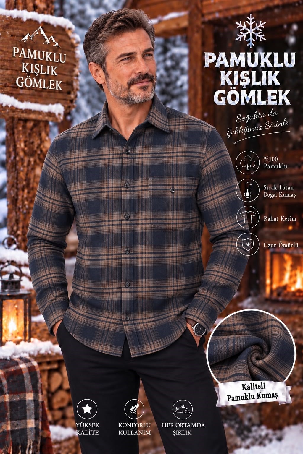 Flanel Kışlık Pamuklu Kapaklı Cepli Düğmeli Yaka Gömlek (Regular Kalıp)